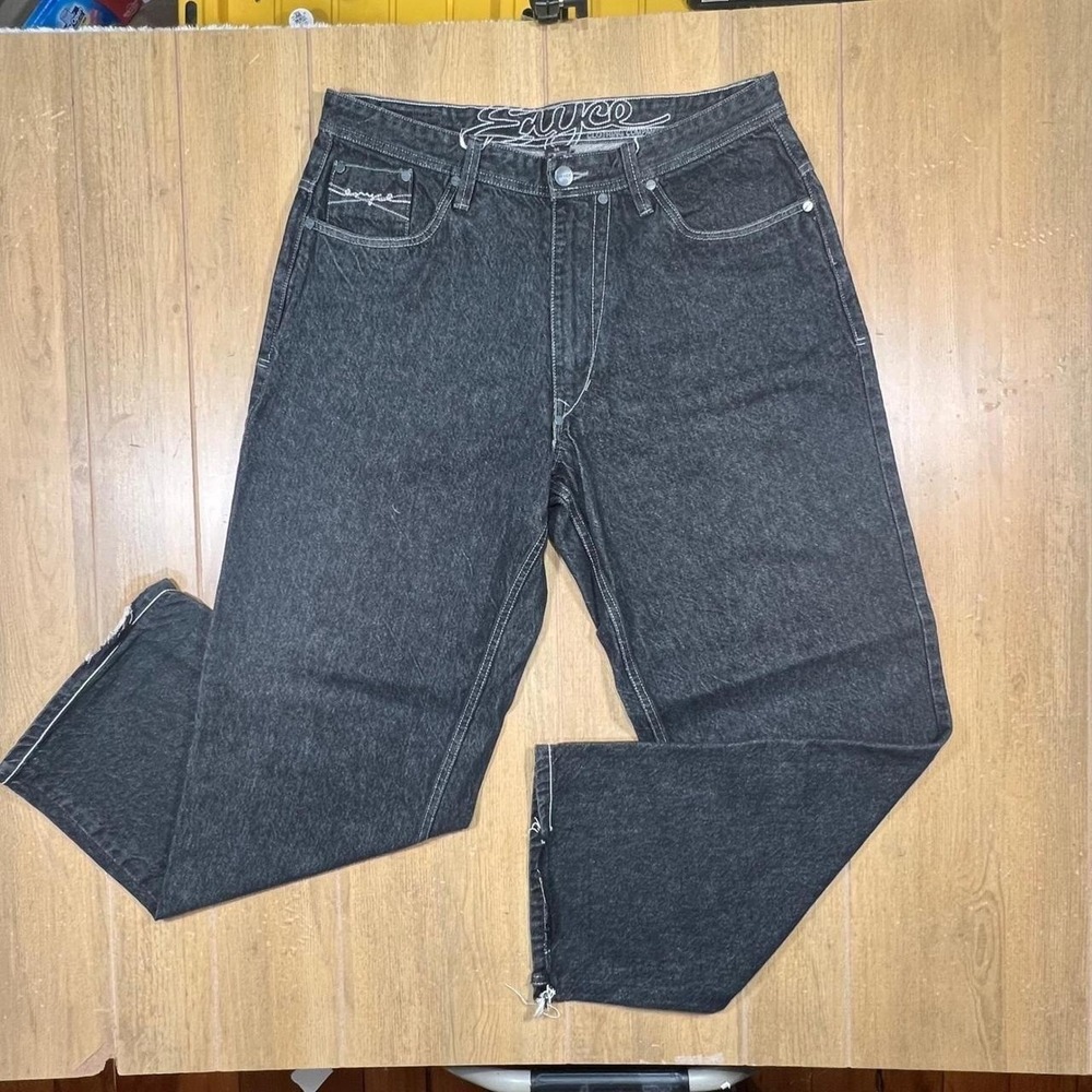 Enyce Baggy Wide Leg Jeans Dark Wash Charcoal Black Contrast Stitch Mens 36x31